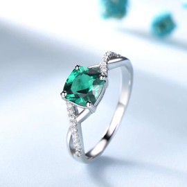 Simulated Emerald Engagement Ring for Women by Ginger Lyne | 7mm Cushion Cut Faux Emerald Gemstone 925 Sterling Silver Rhodium Plated Statement Ring for Her