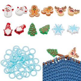 BENECREAT 62Pcs Knitting Tool Kits, 12Pcs Christmas Theme Silicone Knit Knitting Needles Point Protectors, 60Pcs Plastic Knitting Stitch Marker Rings for Knitting Craft, DIY Art and Sewing