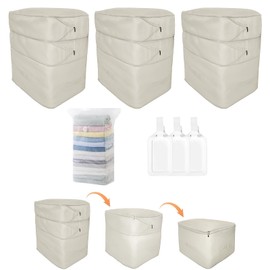 Vercclik Ultra Space Saving Large Self Compression Storage Bags for Comforters and Blankets,Self-Compressing Organizer for Storage Bedding. (Beige, 3 Pack)