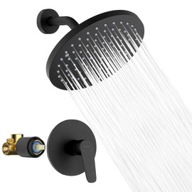 Lavatrum Mate Black Shower Head and Handle Set Single Spray Premium Wall Mount 8 Inch Rainfall Round Shower Faucet with Rough-in Valve and Trim Kit for Bathroom（1.8GPM)