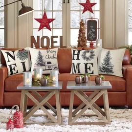 Sungeek Set of 4 Christmas Cushion Covers, Linen Decorative Cushion Covers, Santa Claus Cushion Cover, Decorative Cushion Cover for Sofa, Couch, Bedroom, Living Room (45 x 45 cm, Christmas Tree)