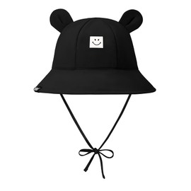 Durio SmileyWorld Baby Sun Hats 0-6 Months with Bear Ear, UPF 50+ Sun Protection Baby Bucket Hat, Wide Brim Smile Face Infant Sun Hat for Boys Girls, Newborn Summer Hat Black 0-6 Months