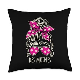 City of Des Moines Messy Hair Bun Ribbon Sunglasses Design Throw Pillow