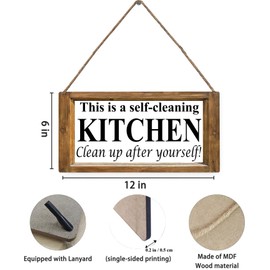 Mdulftar Kitchen Door Sign This is a Self-cleaning Kitchen Clean Up After Yourself Quote Rustic Wooden Hanging Sign 12" x 6" Rectangular for Home Farmhouse Wall Decor