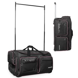Fanwoli 28" Dance Bag with Garment Rack | Upgraded Stable System & Fabric | More Lightweight & Wear-Resistant | Ideal Competition Rolling Duffle Bag | Black/Pink Trim