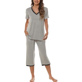 JINSHI Women's Short Sleeve Pajama Set Moisture Wicking Sleepwear for Women V-neck Sleep Tops Light Grey XX-Large