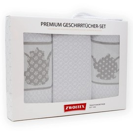 ZWOLTEX Tea Towels Gift Set Made of 100% Cotton, Made in the EU, Oeko-Tex® 100, Woven Tea Towels, Kitchen Towels 70 x 50 cm (Gift Set (3 x Kitchen Towels), Teapot (Grey)