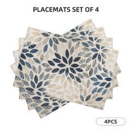 Navy Blue Placemats Set of 4 Summer Modern Elegant Geometric Flower Linen Table Place Mat Non-Slip Heat Resistant Place Mats for Home Kitchen Dining Table, 12"x18"