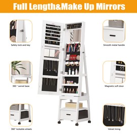 Takywep 360° Swivel Jewelry Armoire with Storage Shelf & Drawer, 66" H Full-Length Mirror Jewelry Armoire, Floor Standing Jewelry Organizer Cabinet with Wheels, White