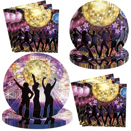 Disco Party Plates Disco Theme Party Tableware Set 70s 80s 90s Dance Theme Birthday Party Decorations Supplies Serves 10 Guest (Purple)