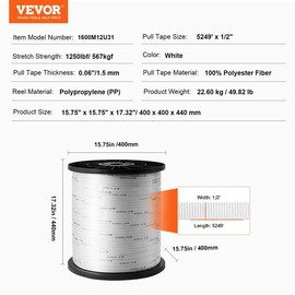 VEVOR Polyester Pull Tape, 1/2" x 5249' Mule Tape Flat Rope, 1250 lbf Tensile Capacity, Printed Webbing Cable Pulling Tape for Packaging, Gardening, Commercial Electrical, Conduit Work, White:_1/2" x 3153'- 1250 lbf