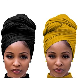 2 Packs Large  Wraps for Women Black  Scarf Headband Turbans for Women Hairband (Black, Turmeric) - Color: Multi Color
