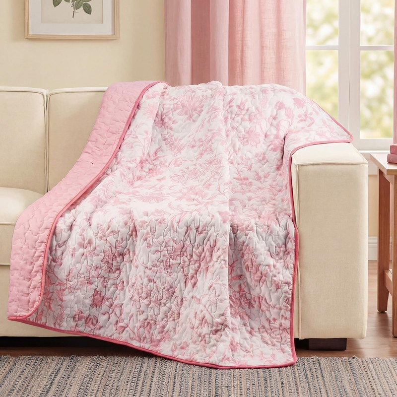 Breling Pink Floral Quilted Throw Blanket 50 x 60 Inch