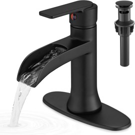 HOIGY Brass Waterfall Bathroom Faucets One Hole, Matte Black Faucet Bathroom, 4 Inch 1 Hole or 3 Hole Bathroom Vanity Faucet, 1 Handle Farmhouse Bathroom Sink Faucet with Drain & Deck Plate Save Water