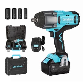 DURATECH 1/2 Inch 20V Cordless Impact Wrench, 600 Ft-Lbs, 5 Settings, Brushless Motor, Fast Charge 4.0Ah Li-ion Battery, Sockets Included