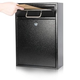 KYODOLED Steel Key Lock Mail Boxes Outdoor,Locking Wall Mount Mailbox,Security Lock Drop Box,Collection Boxes,16.2H x 11.22L x 4.72W Inches,Black X Large