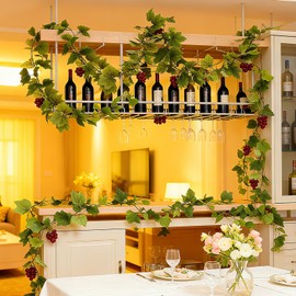 SENCOS Artificial Grape Vine Leaf Garland Plant with 5 Strings Grapes, 6.5ft Artificial Fake Grape Vines Fake Greenery for Wedding Party Home Indoor Outdoors Decoration(Spring Grape Leaf Garland)