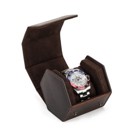 CONTACT'S Hexagon Watch Box Crazy Horse Leather Travel Watch Case Watches Roll for Men Watch Storage Organizer Watch Holder (for 1 Pcs Watch)