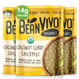 BeanVIVO (Pack of 3) Organics 14g Plant based Protein Coconut Curry Chickpeas - Good Source of Fiber - Nutritious & Microwave Meals - Gluten-Free Plant Food - 10 oz