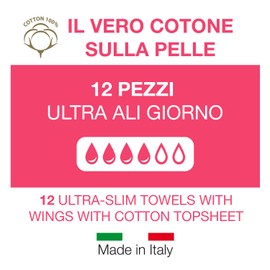 COTTON SOUND Ultra Day Wings - Absorbent - Pack of 12 - 100% Cotton - Hydrophilic - Hypoallergenic - Dermatologically Tested - Super Absorbent - Multi-Layer Technology - Made in Italy
