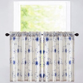 VOGOL Tiers Kitchen Curtains 36 Inch Length Small Cafe Curtain Panels for Bathroom Laundry Room Basement Rod Pocket Blue Flower Vines Embroidered Window Drapes, 30 x 36, 2 Pieces