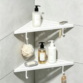 Corner Shower Shelves, 10" white 304 Stainless Steel Recessed Shelf for Bathroom，With silicone soap dish and razor holder，Grout in Shelf with Hooks for Tiled Wall 2 Pack(white)