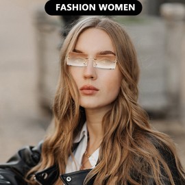 Rectangular Rimless Sunglasses Men Women Ultra Small Frame Retro Sunglasses in Style with Colour Gradient Transparent Glasses Unisex Party Glasses Fashion 90s Pack of 3