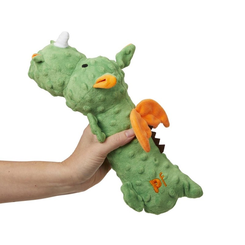 Surrey Feed Dragon Plush Dog Toy with squeaker inside.