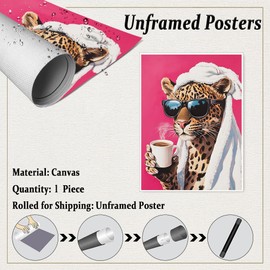 Leopard Drinking Coffee Poster Maximalist Animal Art Trendy Dopamine Decor for Kitchen or Dining Room Vivid Funny Morning Print-11x14Inch Ready to Hang (Unframed)