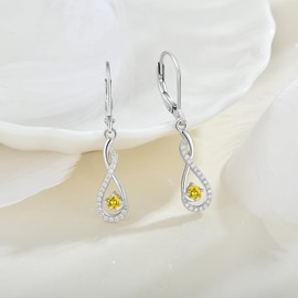 FATACI Women Earrings, 925 Sterling Silver 5A Cubic Zirconia Infinity Dangle Drop Leverback Earrings with November Citrine Birthstone for Women