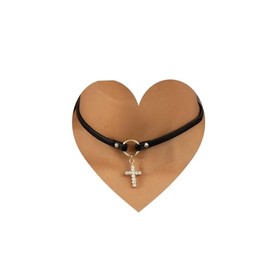 Black Leather Choker Necklace with Crystal Cross Pendant, Gold Chain Detail, Religious Fashion Jewelry for Women (Cross)
