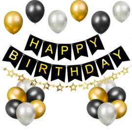 OLIVBIN Black and Gold Birthday Decorations for Boys Men，Black and Gold Happy Birthday Banner Party Decorations Gold Star Paper Flag and 18 PCS Balloons for Birthday Decorations Kit…