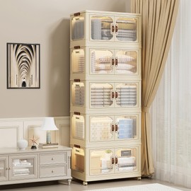 UFORU 5 Tier 410QT/102.5Gal Stackable Plastic Storage Bins with Lids and Wheels,Collapsible Storage Cabinet, Storage Organizer, Folding Storage box with Doors for Home, Office, Closets, Containers