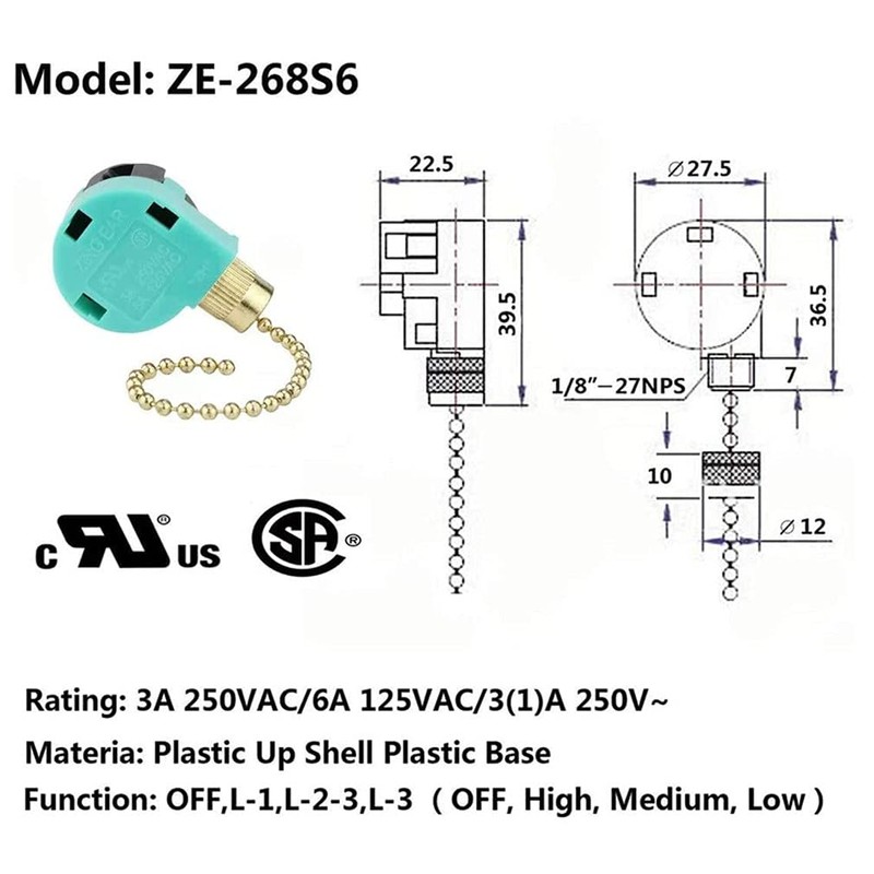 Ceiling Fan Switch Zing Ear ZE-268S6 Pull Chain Switch 3
