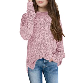 Imily Bela Kids Girls Jumper Fuzzy Warm Sweater Crew Neck Chunky Pullover Winter Tops Side Slit Outwear (Pink, 150/11-12 Years)