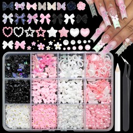 1600 Pcs 3D Nail Charms, Assorted Color Multi Shapes Mix Bow Nail Charms Cute Pearl Heart Star Moon Bowknot Rhinestones Gems Nail Decorations with Pickup Tool for Women Girls Nail DIY Accessories