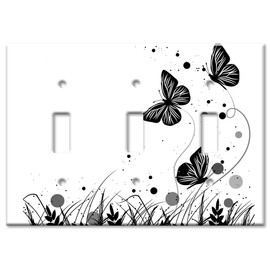 Art Plates 3 Gang Toggle Wall Plate - Black and White Butterfly
