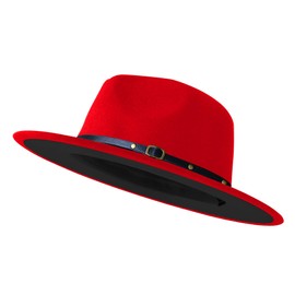 KUJUHA Wide Brim Fedora Hats for Women Men and Kids, Baby Toddler Fedora Hats for Boys Girls, Red & Black, Medium