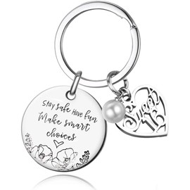 FAMOORE Stay Safe Have Fun Make Good Choices Sweet 16 Years Old Girl Gifts for Birthday, 16th teenage Drivers Keyring, New Driver or Graduation Keychain, Silver, Medium