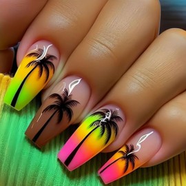 Coconut Tree Press on Nails Long Ballet Shaped Colorful Gradient Acrylic Fake Nail Full Cover Glossy French Stick on Nails Summer Artificial Fingernails Reusable Press Ons Glue on Nails for Women