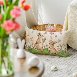 AVOIN colorlife Happy Easter Bunny Flowers Throw Pillow Cover, 12 x 20 Inch Butterfly Rabbit Cushion Case Decoration for Sofa Couch