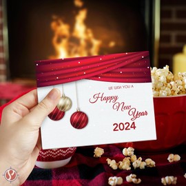2019 Happy New Year - Red Holiday Greetings Fold Over Cards & Envelopes, 25 Cards and 25 Envelopes per Pack | 5" x 7" Inches When Folded