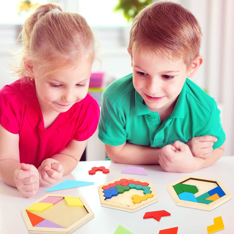 5 Pack Wooden Tangram Puzzle for Kids Wooden Hexagon Puzzle