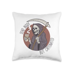 Smarty Pants Designs Dead Inside But Caffeinated Skeleton, Reaper Coffee Lover Throw Pillow, 16x16, Multicolor