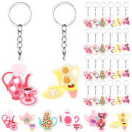 Quelay 24Pcs Tea Party Keychains Floral Tea Time Party Gifts Vintage Teapot Party Favor Set Key Ring for Birthday