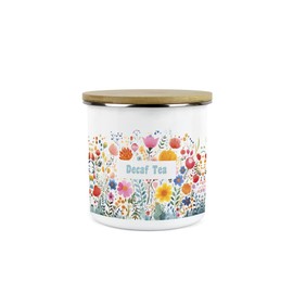 Purely Home Floral Meadow Decaf Tea Storage Canister - Bright Floral White Metal Enamel Medium Sized Kitchen Food Storage Container