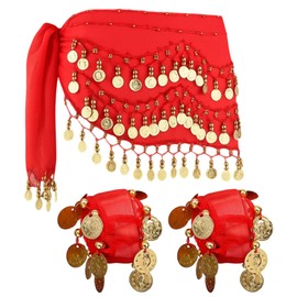 Belly Dance Hip Scarf, Women's Belly Dance Belt with Bracelet, 3-Piece Set for Performances, Yoga Classes, and Themed Parties, Red Belly Dancing Skirt
