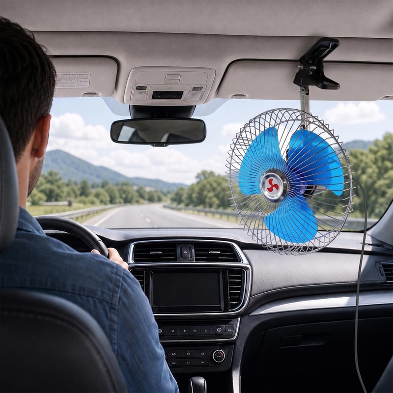 Toyvian 12v Oscillating Car Fan, 8-inch Clip-on Silent Metal Portable