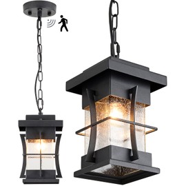 EERU Motion Outdoor Pendant Light Fixture with Dusk to Dawn Sensor Exterior Hanging Lantern with Adjustable Chain Black with Seeded Glass Outside Lights for House Patio Front Porch Lighting