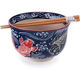 Happy Sales, Multi Purpose 6.25"D Large Ramen Udon Soba Pho Noodle Donburi Rice Tayo Bowl with Chopsticks (RedBlackCoi)